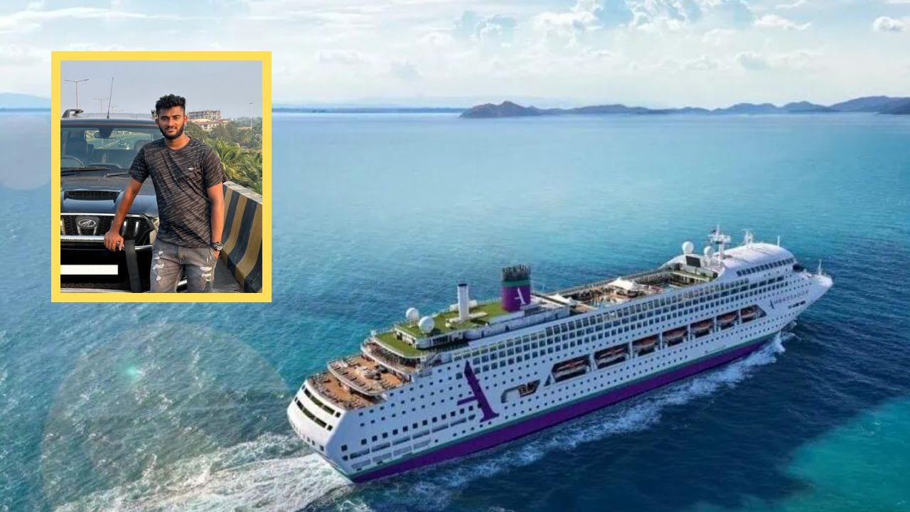 A large cruise ship sailing on a blue ocean with a smaller inset image showing a young man standing beside an SUV during the search for the missing crew member.