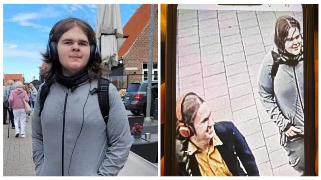 Two photos show a young person with shoulder-length hair, wearing headphones and a gray hoodie. The left image is outdoors with a blue sky, while the right image is a surveillance video still of the missing American teenage boy found 100 miles from home.