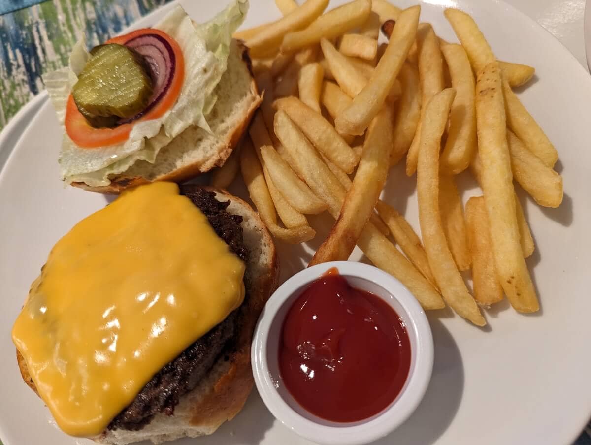 Cheeseburger with lettuce, tomato, and pickles served with a side of fries and ketchup along with a Sun Princess Review.