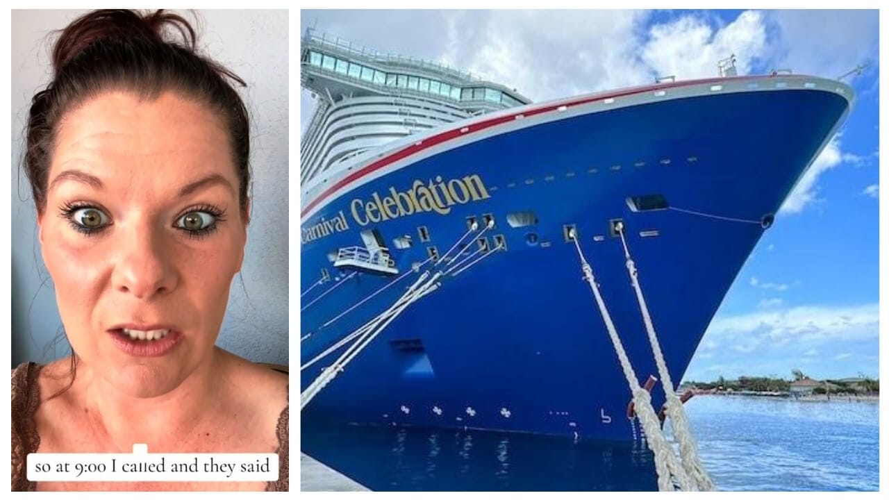 A person with a surprised expression is on the left, and the Carnival Celebration cruise ship is docked on a sunny day on the right. Text is present over the image of the person, hinting at a canceled cruise costing $12K.