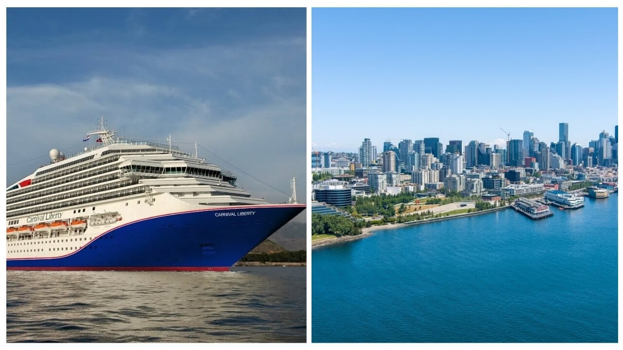 A Carnival cruise ship is seen sailing on the left, while a cityscape with multiple buildings and a waterfront committed to sustainability is depicted on the right.