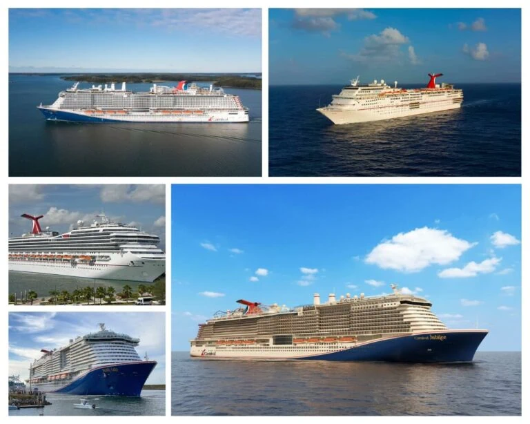 A collage of pictures of Carnival Cruise Line ships in the ocean.