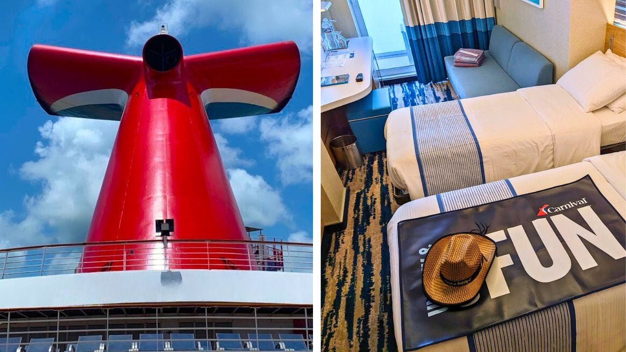 Red funnel of a Carnival cruise ship with the ocean and sky in the background, and a cruise ship cabin with a bed, sofa, and a hat on a blanket that reads "fun.