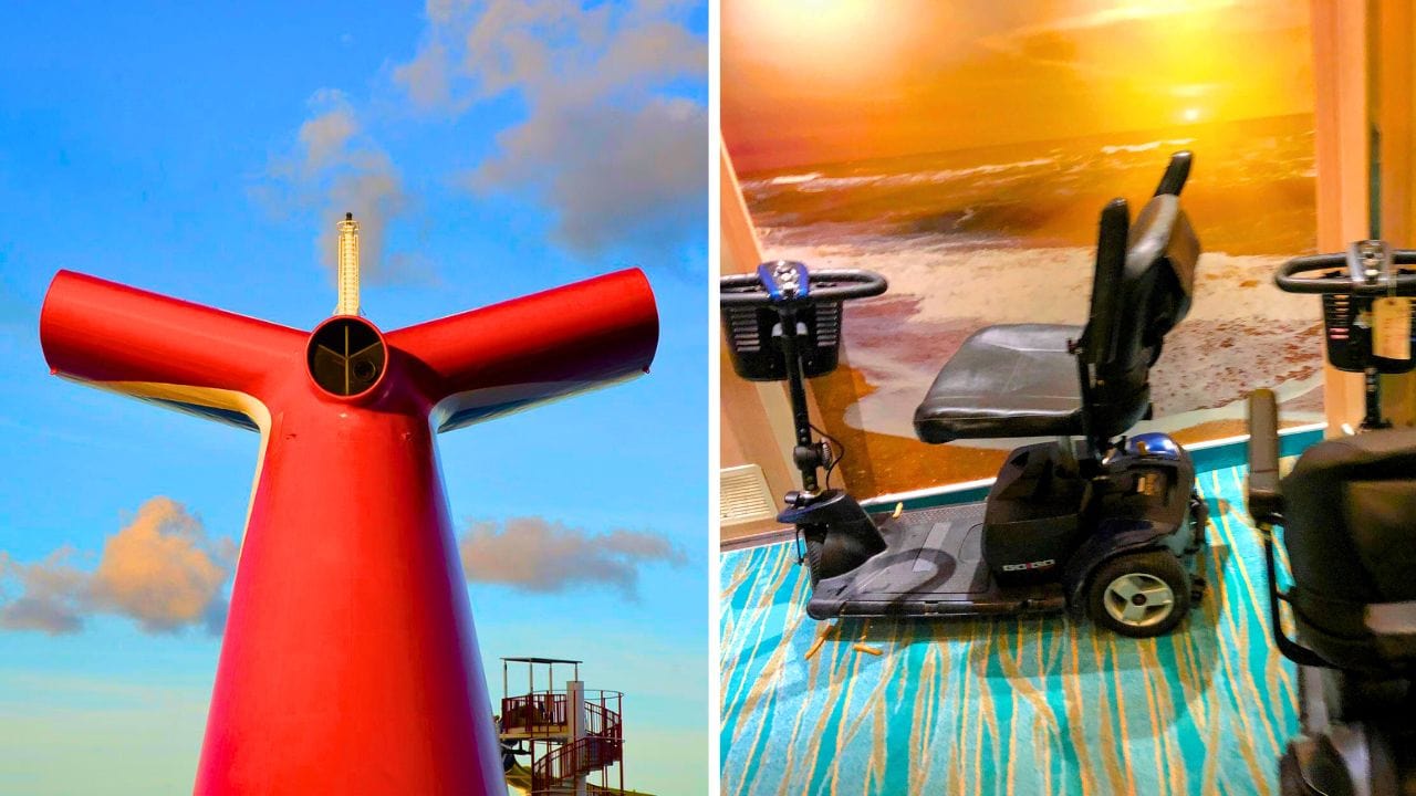 A large red ship funnel, possibly from the Carnival Jubilee, stands against a blue sky on the left, while on the right, a mobility scooter is parked on a carpeted area with a beach wall mural.