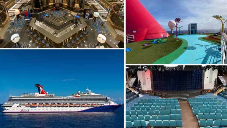 A collage of photos of the Carnival Sunrise cruise ship and a theater.