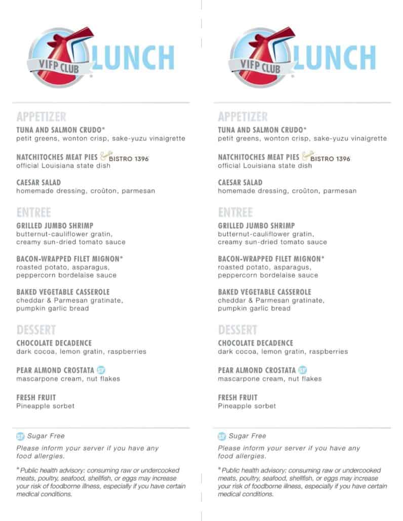 Carnival VIFP Lunch Menu