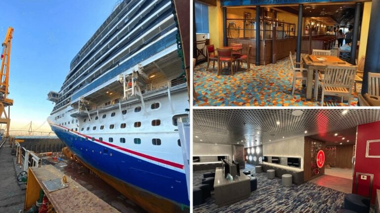 Four pictures of the interior of the Carnival Vista cruise ship.