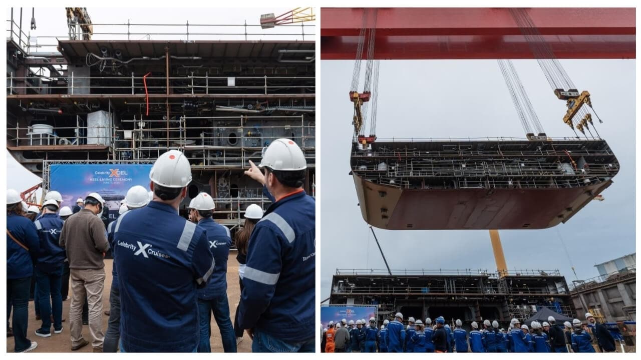 Workers wearing safety gear observe the keel laid process of the first Celebrity Tri-Fuel Ship in a bustling shipyard. On the left, they are gathered and looking up; on the right, a large ship section is hoisted by cranes.