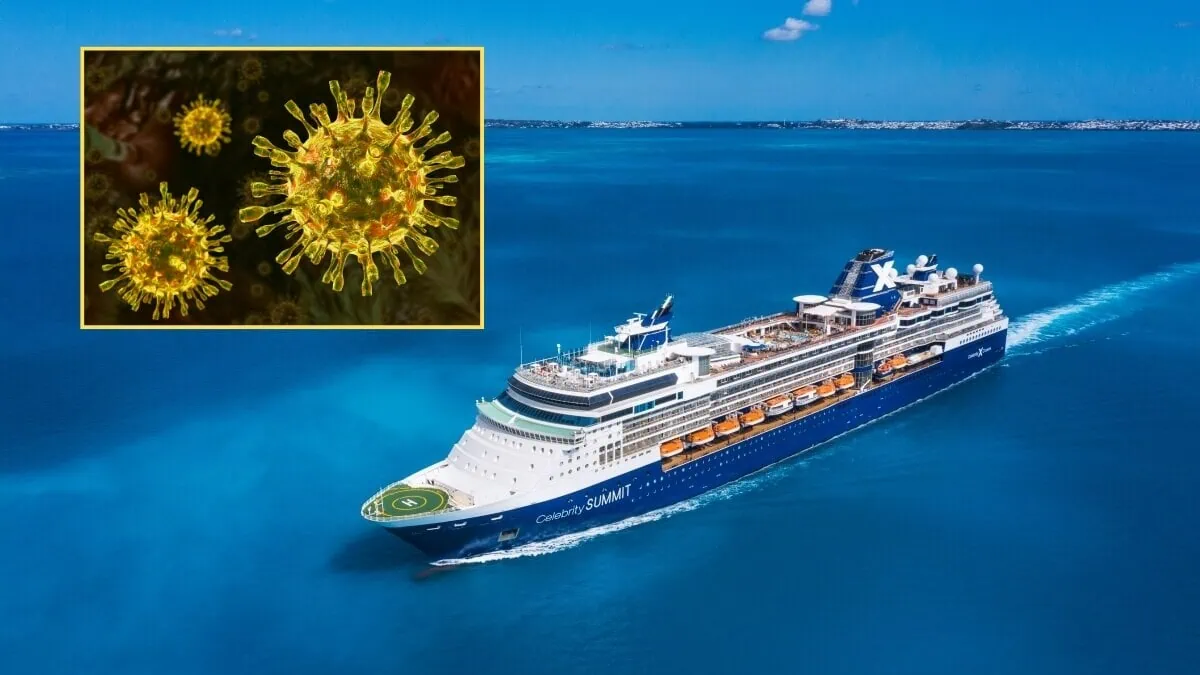 A large cruise ship, the Celebrity Summit, sails on the ocean. An inset image shows magnified virus particles, hinting at a Norovirus outbreak.