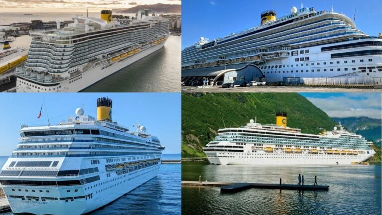 A collage of four Costa Cruise ships, showcasing various designs and settings from biggest to smallest.