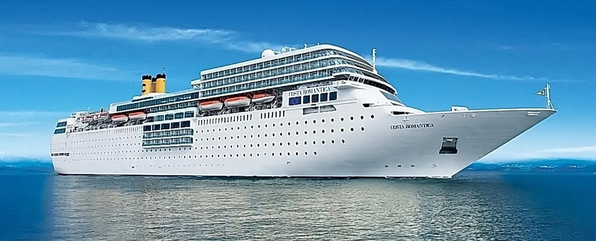 A large white cruise ship named Costa Romantica sails on calm blue waters under a clear sky, reminiscent of carnival ships sold in the golden era of ocean travel.