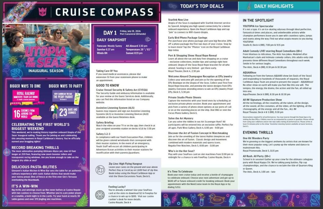 Cruise Compass, Utopia of the Seas, Day 1. Contains daily snapshot, top deals, highlights, big news, events, and safety guidelines. Includes information on dining, entertainment, and activities onboard.