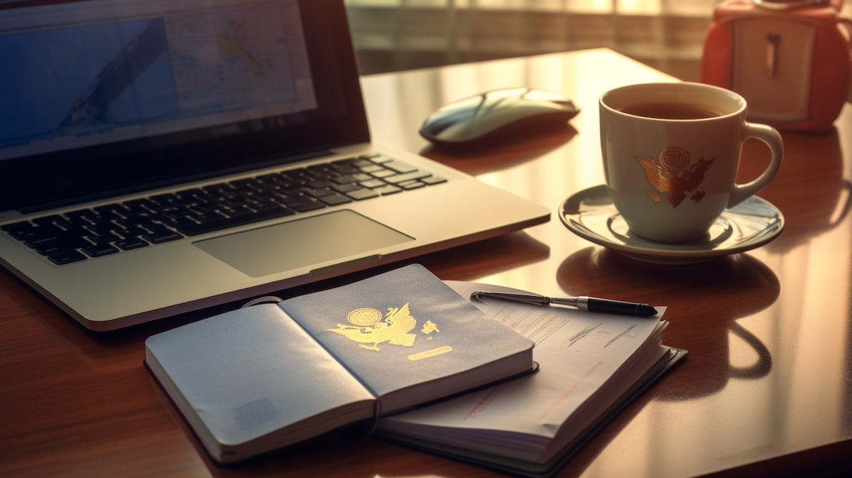 A passport on a desk