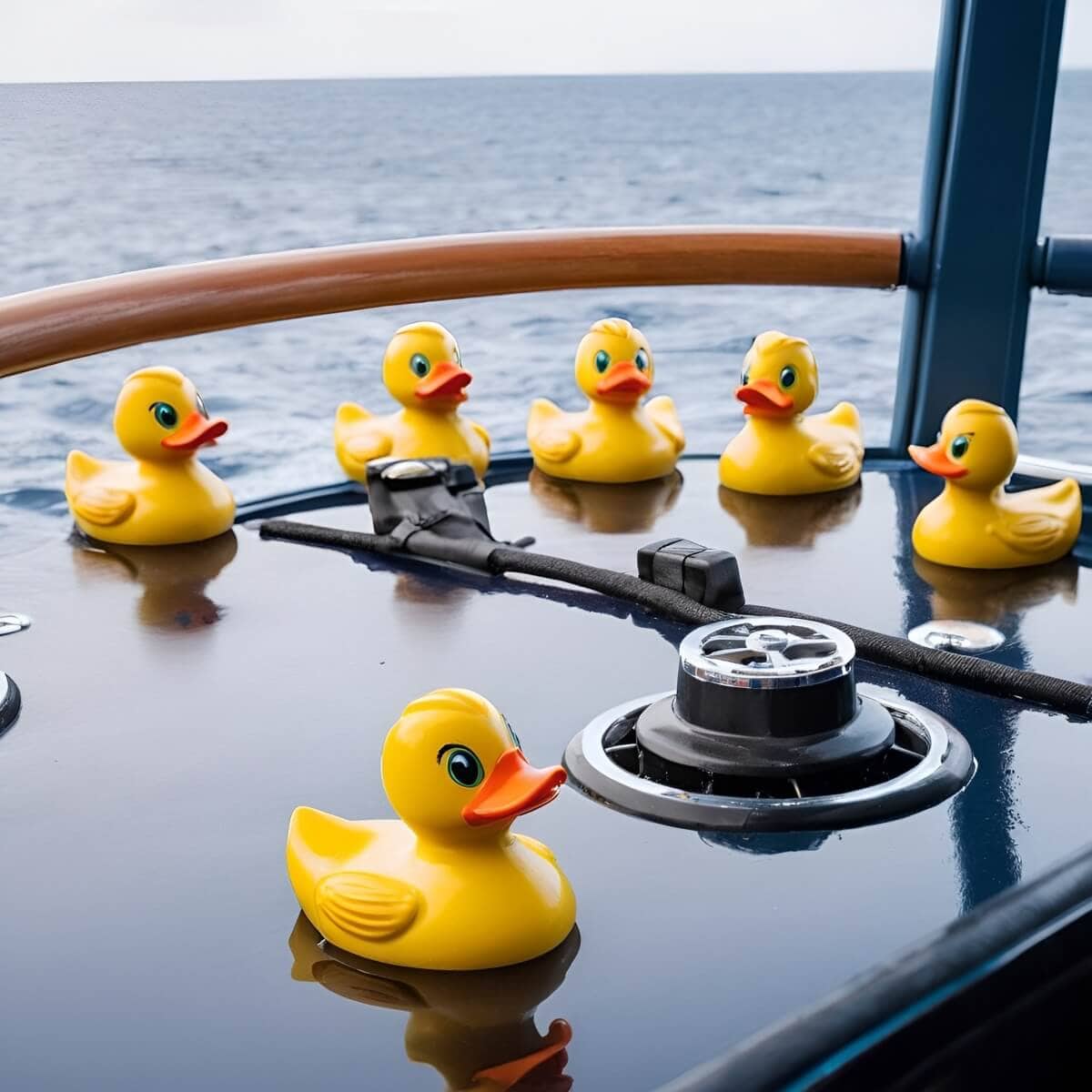 A group of cruise ducks on a boat.