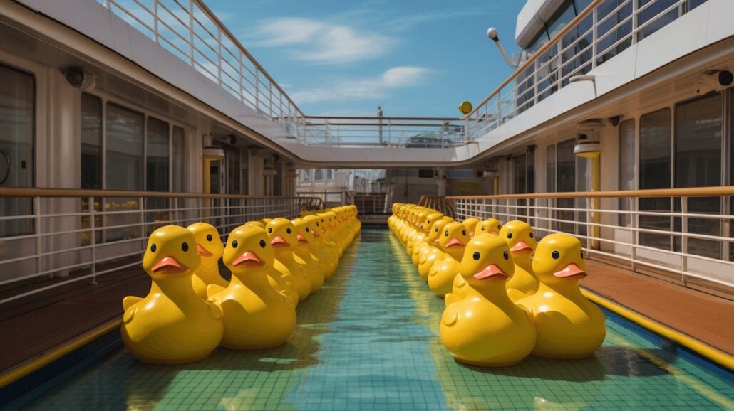 Rubber ducks enjoy swimming in a pool on a cruise ship.