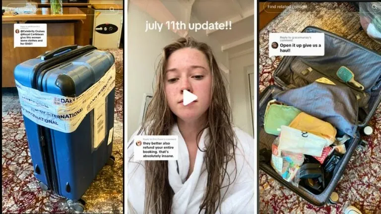 Three images show a passenger's suitcase wrapped in plastic, a woman with wet hair in a towel, and an opened suitcase filled with belongings. Text overlays mention flight issues and an update on July 11th.