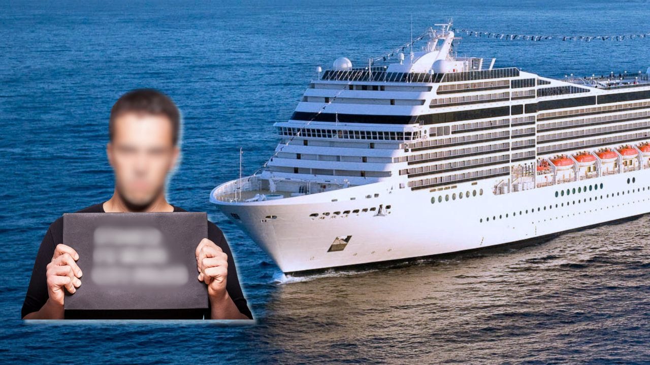 A large cruise ship sails on the ocean. In the foreground, a blurred cruise passenger holds a sign about his wife's disappearance.