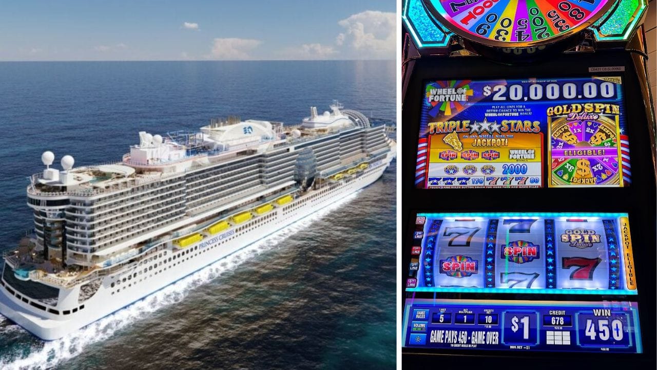 Two pictures of a free cruise ship and a slot machine.