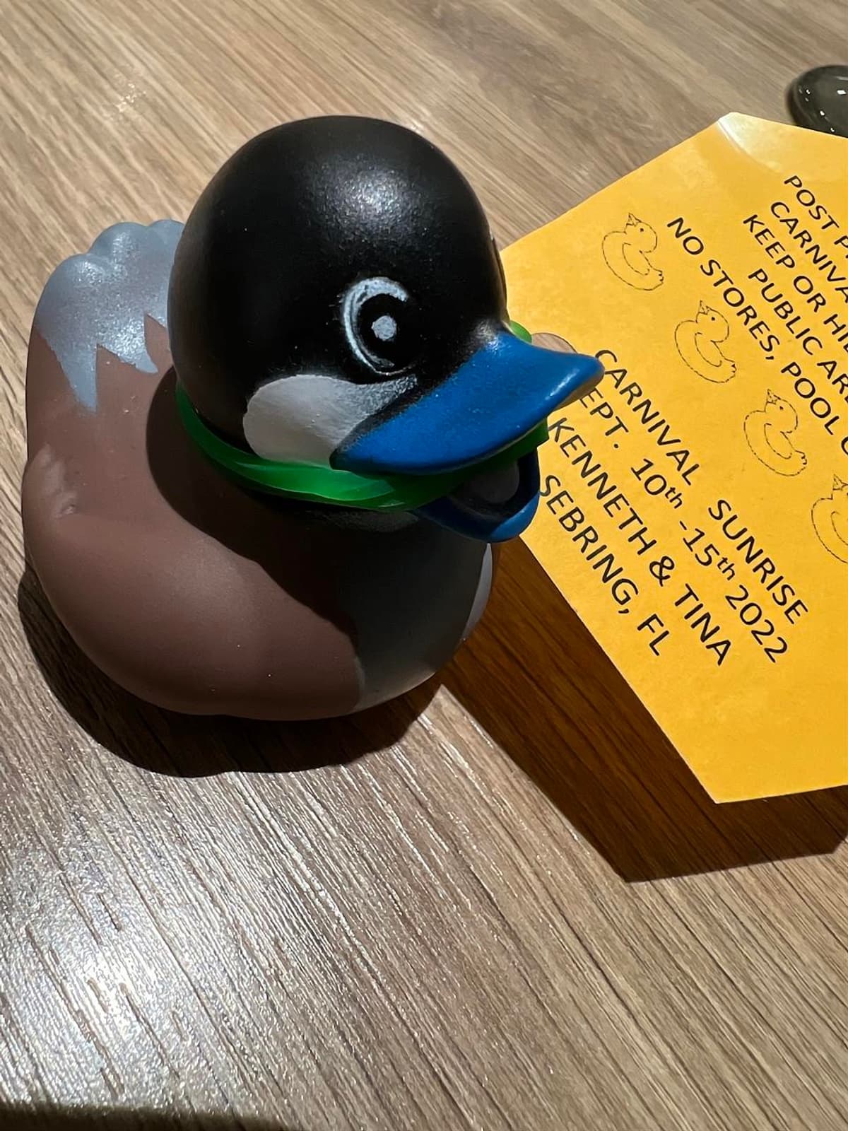 A rubber duck sitting on a table next to a note.