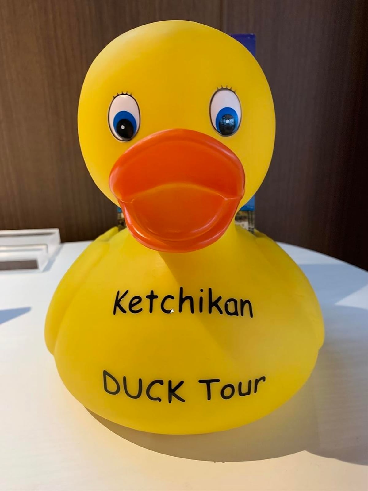 A yellow rubber duck with the words ketchikan duck tour on it.