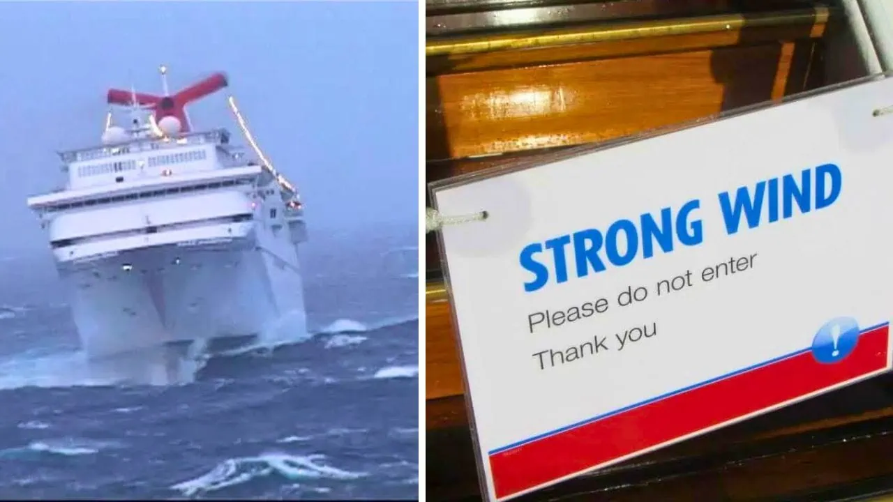 An ocean liner navigating rough seas on the left and a "Strong Wind" warning sign on the right, emblematic of cruising during hurricane season.