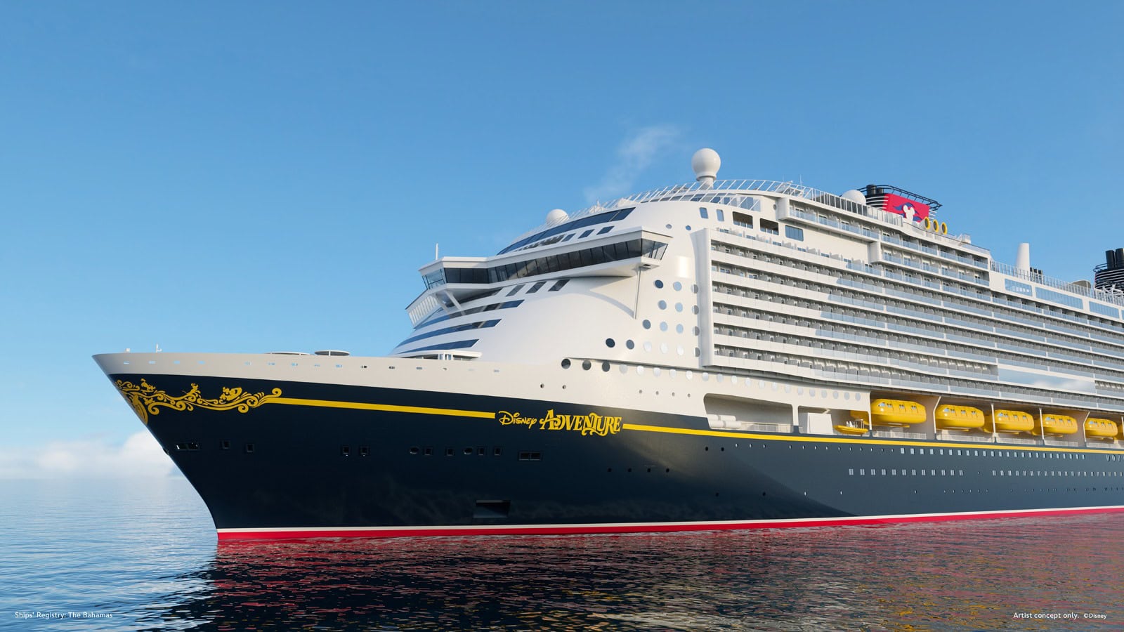 A large cruise ship named Disney Adventure is shown sailing on calm waters under a clear blue sky. The ship, destined for Singapore in 2025, features the classic Disney color scheme with a black hull and yellow lifeboats.