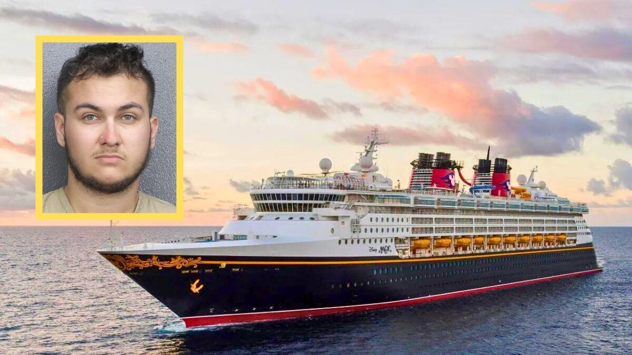 A large cruise ship sails on the ocean under a partly cloudy sky. Inset in the top left corner is a headshot of a young man with short hair and a neutral expression, framed in yellow, amid breaking news of a passenger arrested on CSAM charges.