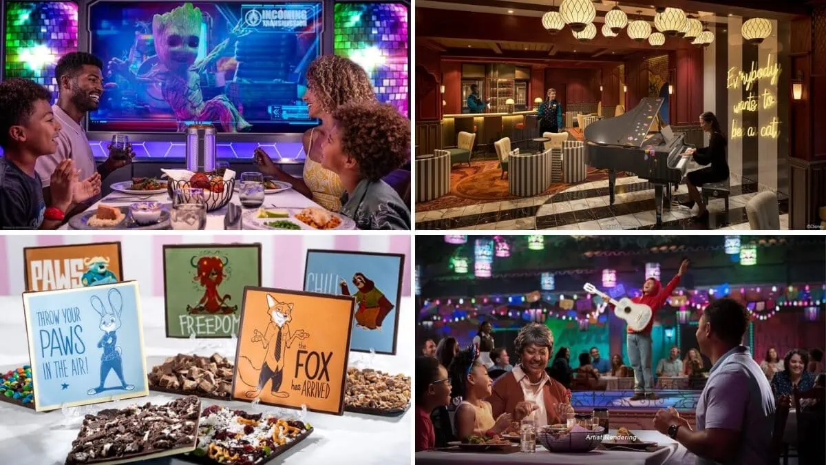 A collage of images features a family watching a screen with a character, a pianist in a lounge, Disney Treasure-themed signs and snacks, and families enjoying featured dining venues with an entertainer.