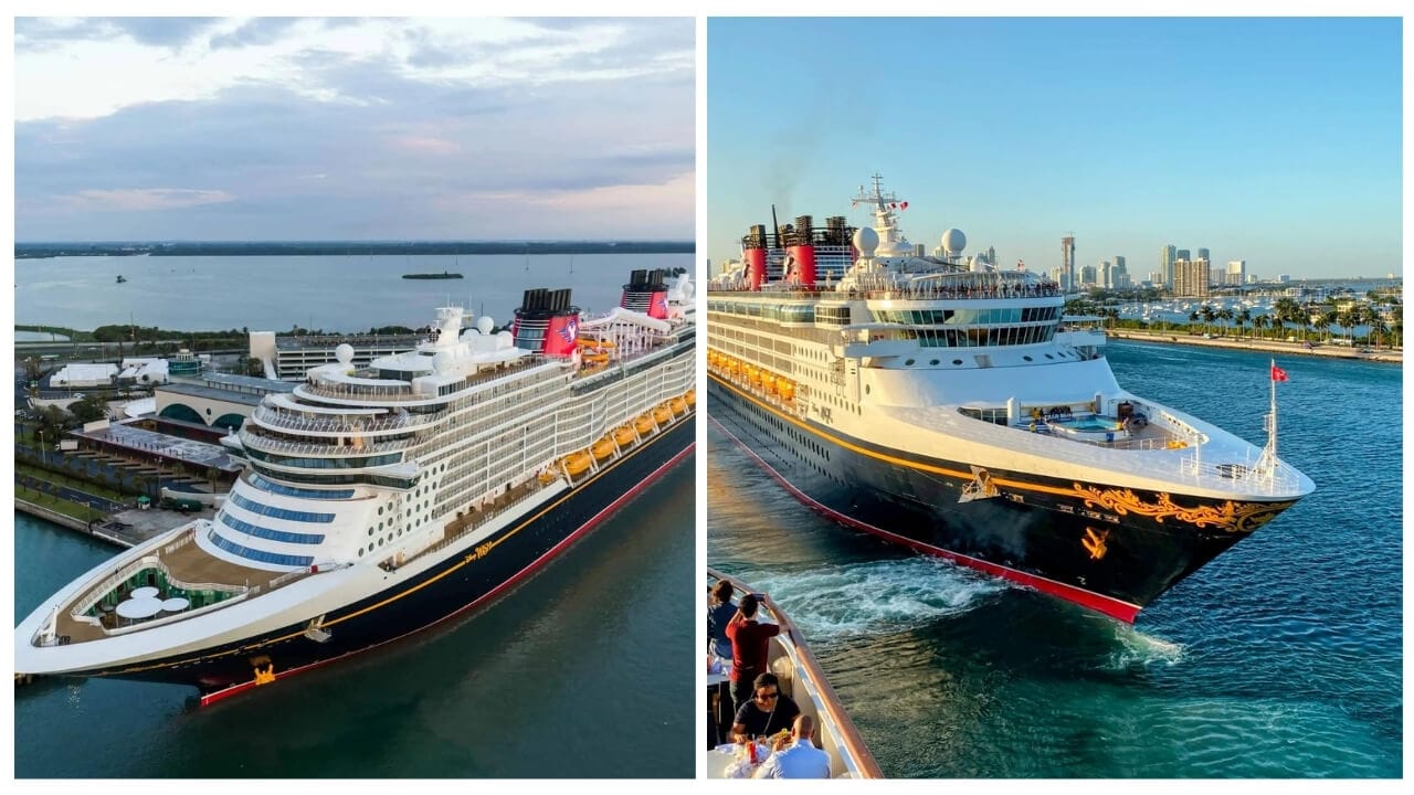 Two images side by side of large, contemporary Disney cruise ships on calm waters near a coastal city. The ships have white hulls with black accents and red funnels, sailing under a blue sky. All aboard for an unforgettable adventure!