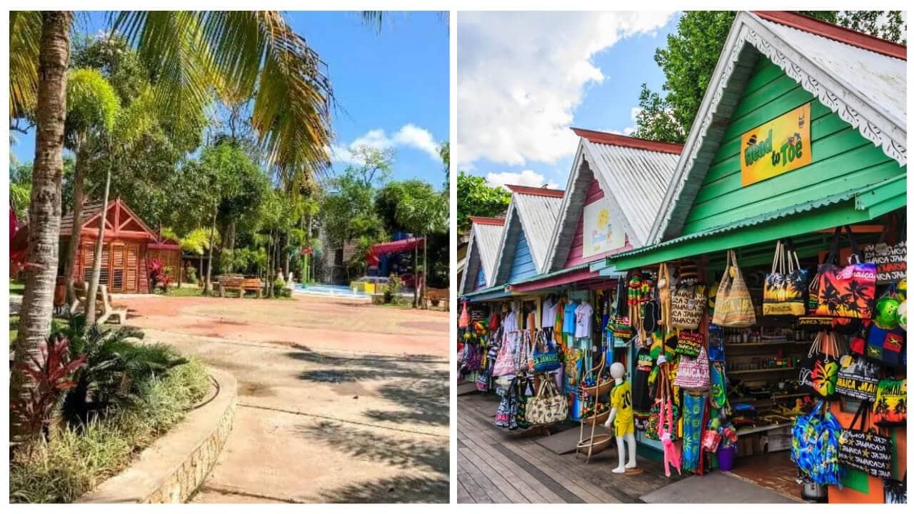 A split image showing a tropical park with palm trees and a path on the left, and a row of colorful market stalls selling various goods on the right, reminiscent of the vibrant scenes near Dunn's River Falls.