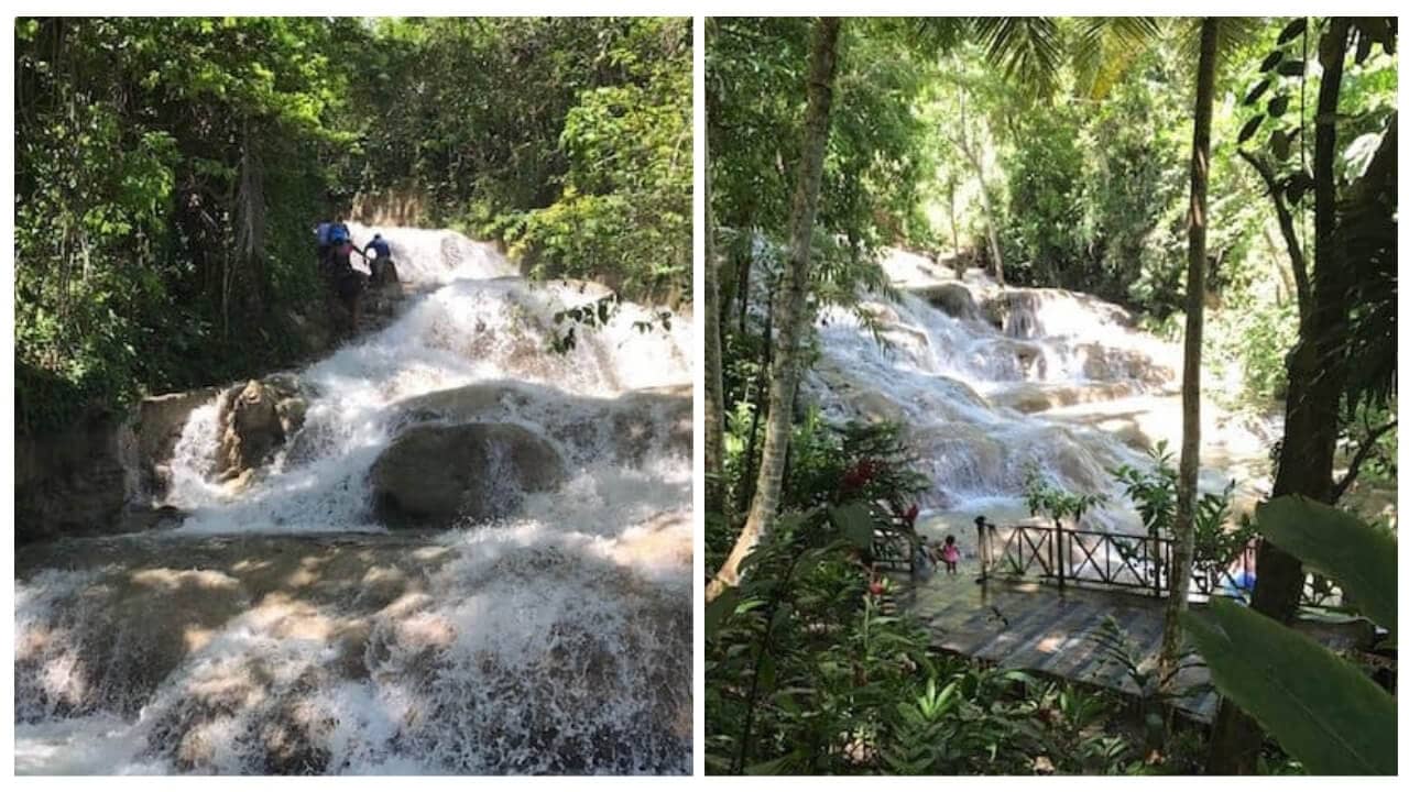 Two views of Dunn's River Falls, a multi-tiered waterfall surrounded by lush green foliage; one image shows people climbing the falls, while the other features a wooden viewing platform near the water.