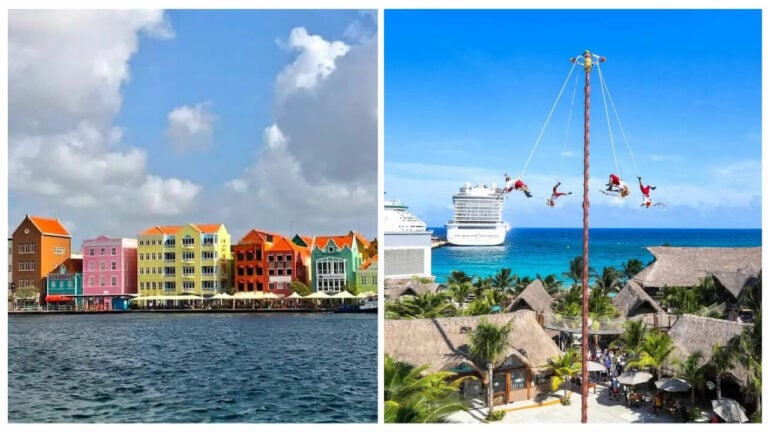 Two images side by side. Left: Colorful buildings line a waterfront under a partly cloudy sky. Right: Aerial performers in traditional attire swing from a tall pole by the ocean with cruise ships in the background, highlighting the vibrant culture of an Eastern Caribbean cruise experience.