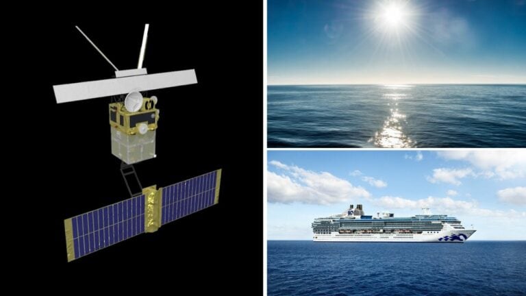 Two pictures of the ERS-2 satellite in space and a cruise ship sailing in the ocean.