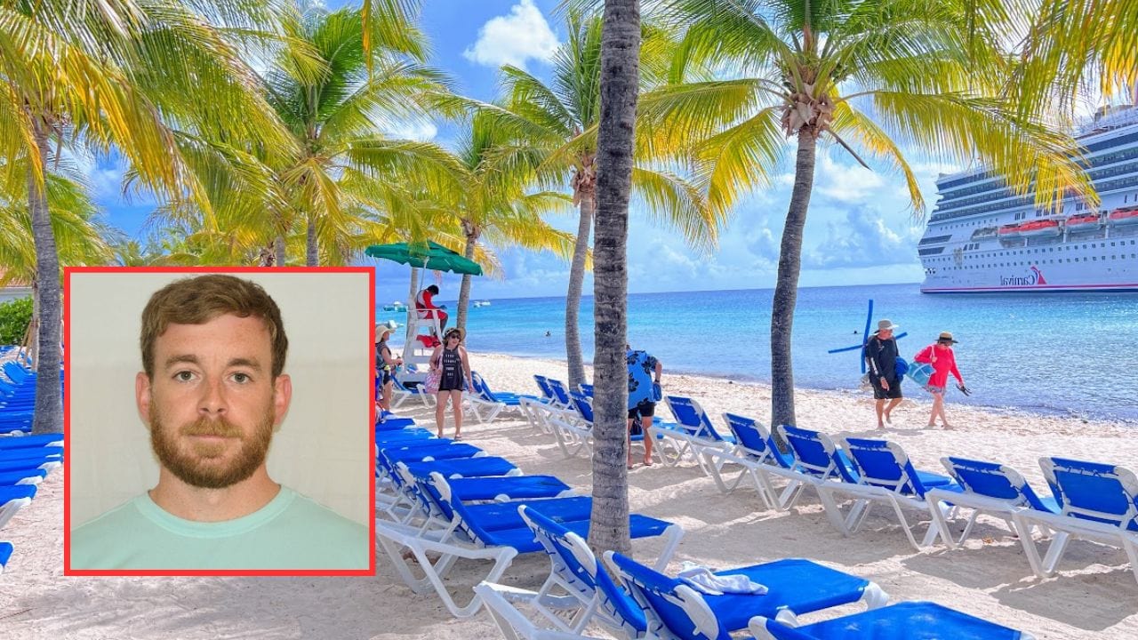 A tropical beach in Grand Turk with palm trees and rows of blue sun loungers, tourists nearby, and a large cruise ship docked in the background. A small portrait of a man is overlaid