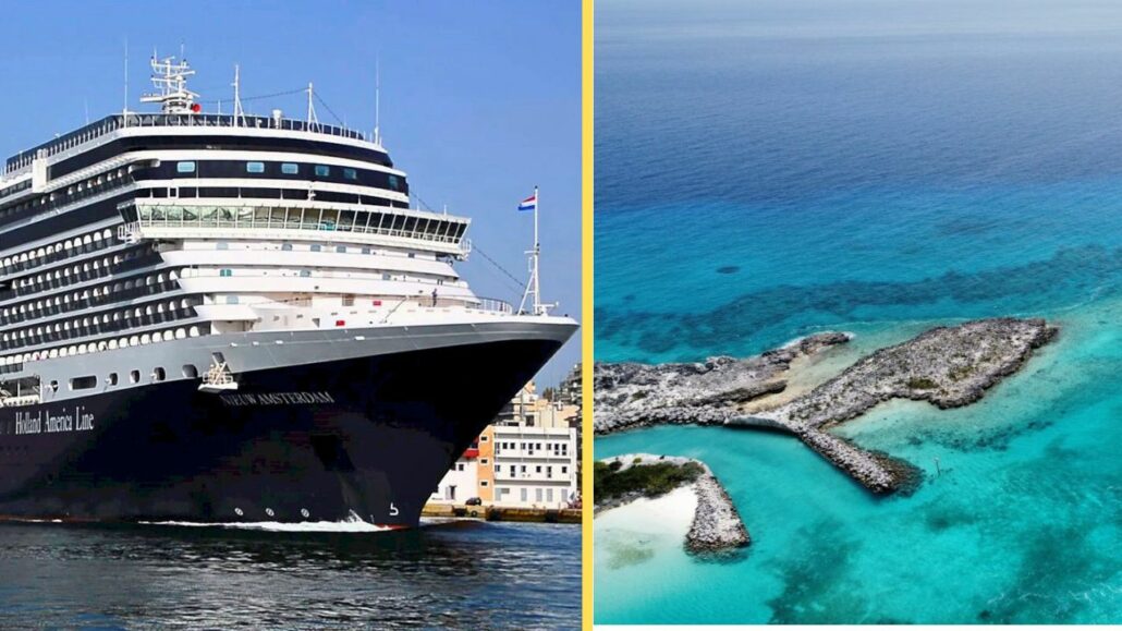 A cruise ship docked at half moon cay in the bahamas.