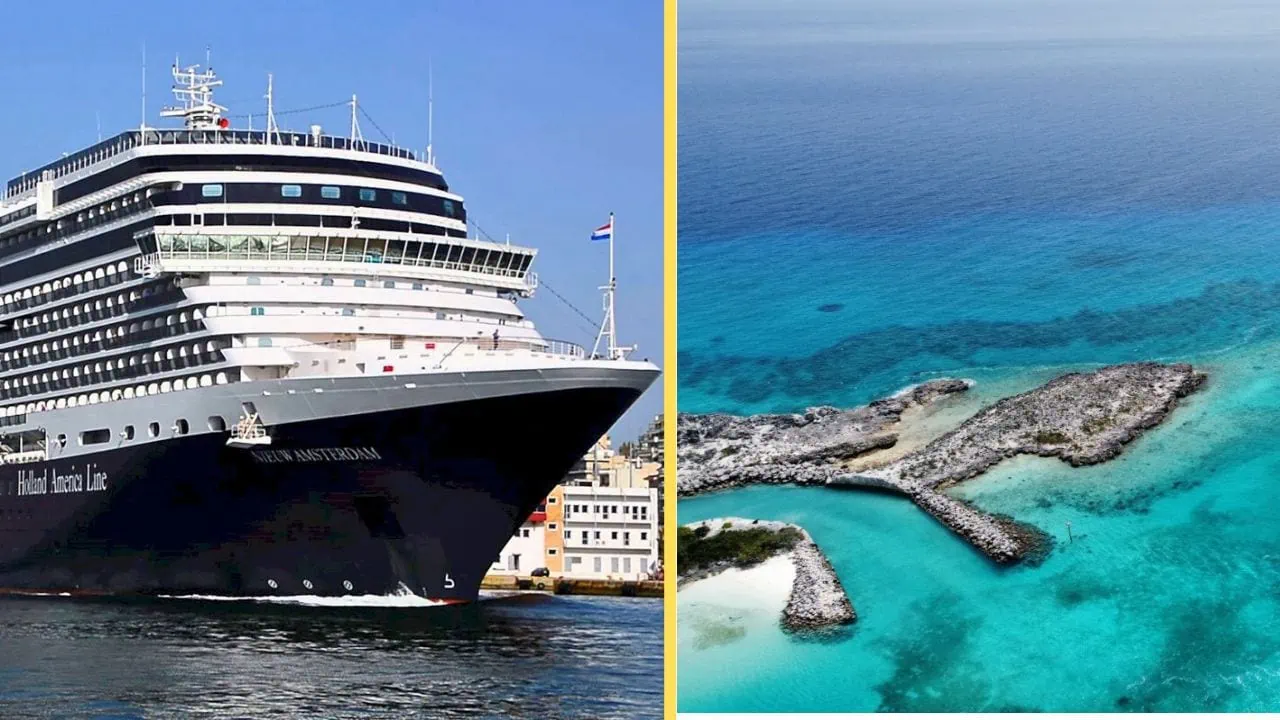 A cruise ship docked at half moon cay in the bahamas.