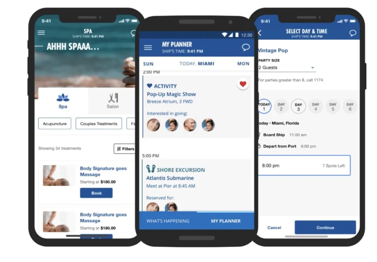 Three smartphone screens display various app features: first time cruise tips, spa service booking, activity planning, and selecting date and time for bookings.