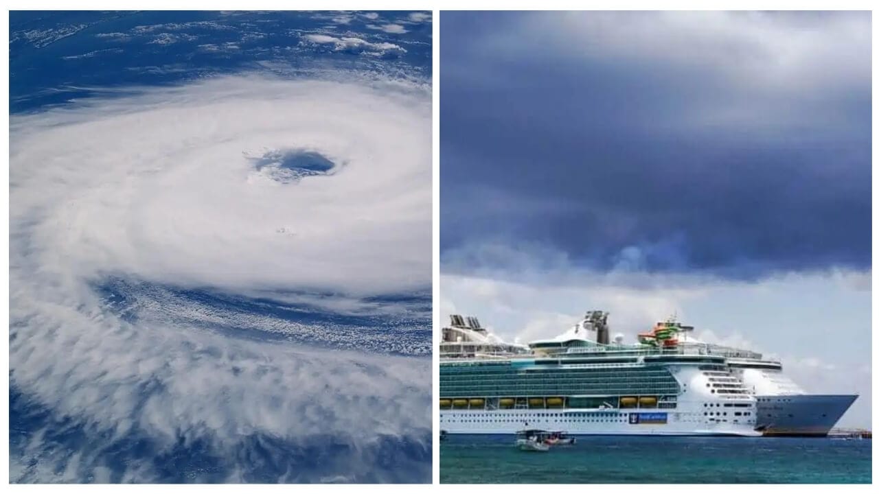 Left side: NOAA satellite image of a swirling hurricane over ocean waters. Right side: Cruise ship on water under dark, stormy clouds, highlighting the 2024 season's hurricanes.