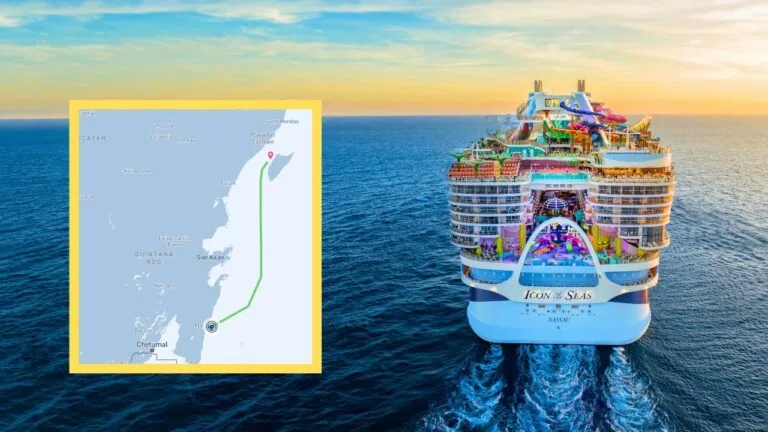 A large cruise ship, known as the World's Largest Cruise Ship, sails on the ocean at sunset. An inset map shows the ship's route from Cozumel, Mexico to Labadee, Haiti.