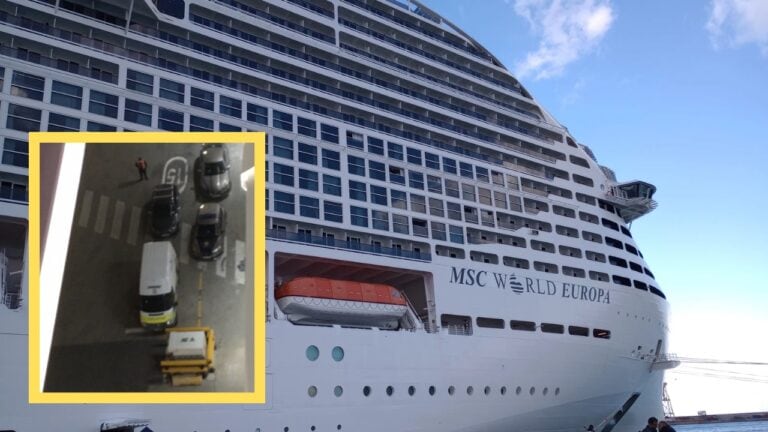 A tragic picture of an MSC cruise ship with a car parked in front of it.