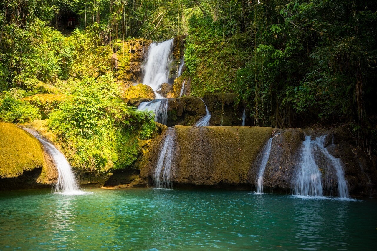 A multi-tiered waterfall flows into a clear, turquoise pool surrounded by lush green vegetation.