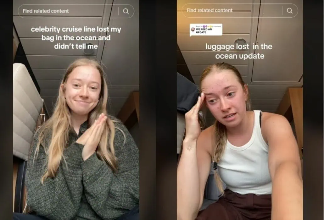 Two images of a woman sharing her experience about losing her luggage on a cruise. The first image has her looking hopeful with the text 