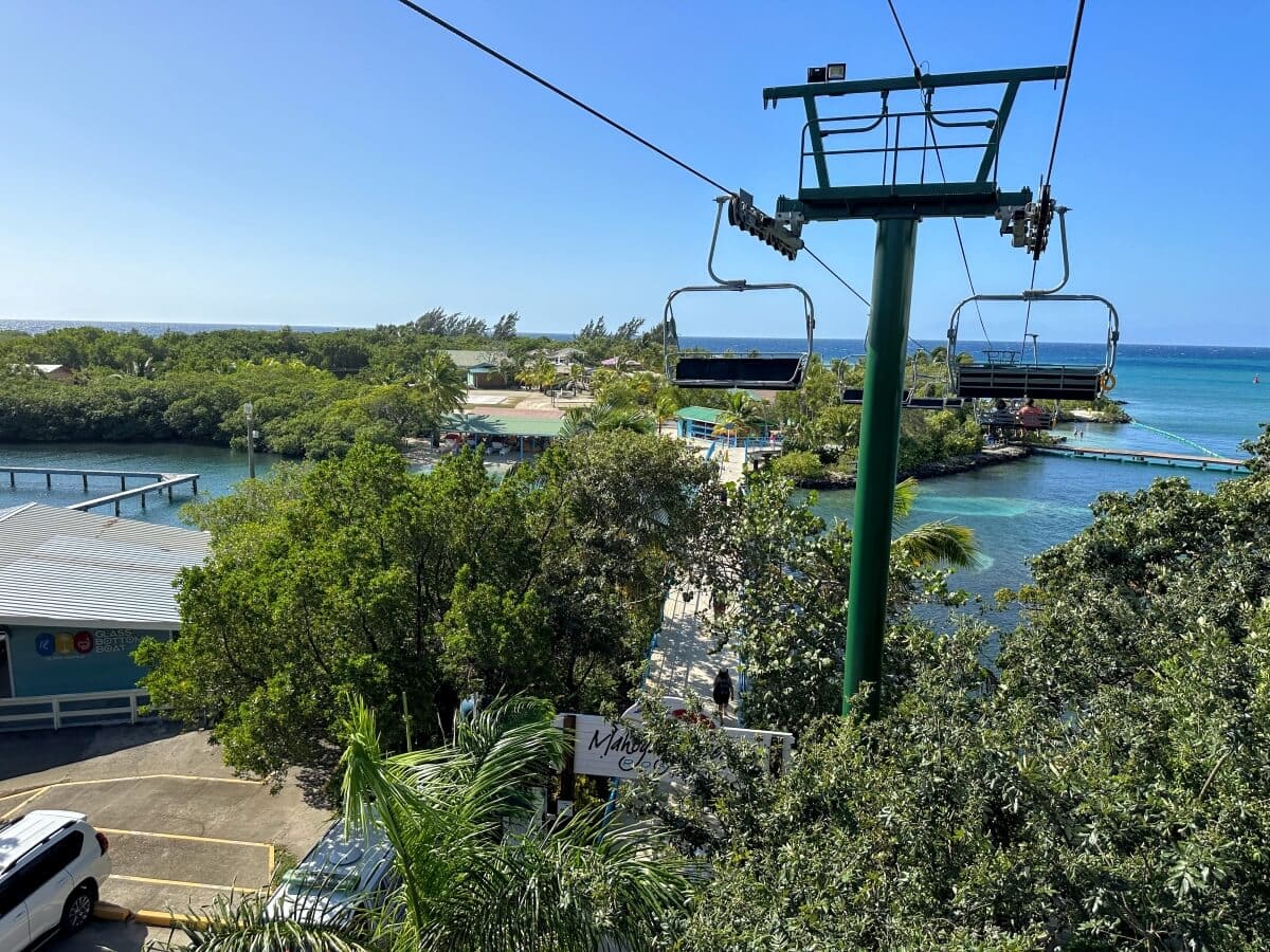 A view from a height shows a cable car lift above treetops, leading to a scenic waterfront area with clear blue water, structures on the shore, and greenery.