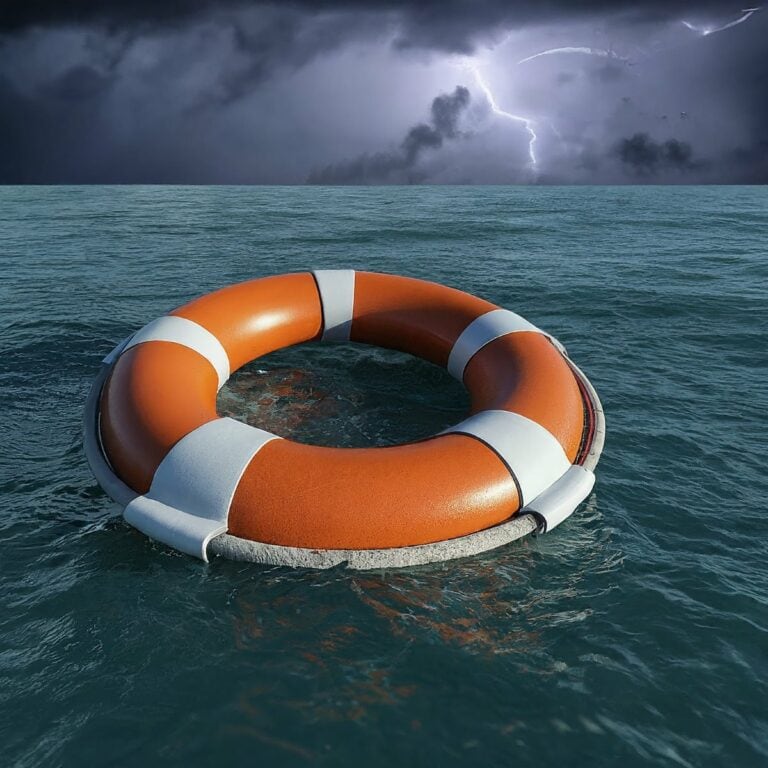 A life preserver floating in the ocean with a lightning storm