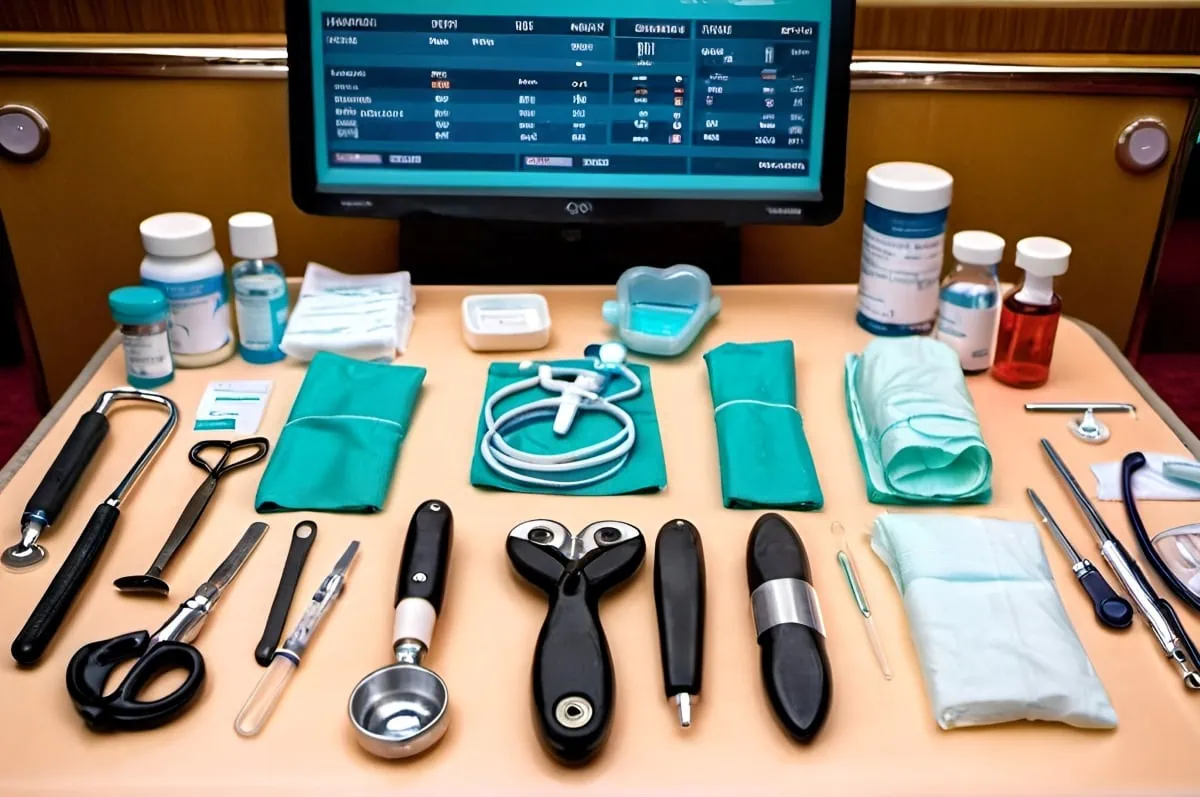 Medical equipment on a table with a monitor at a hospital.