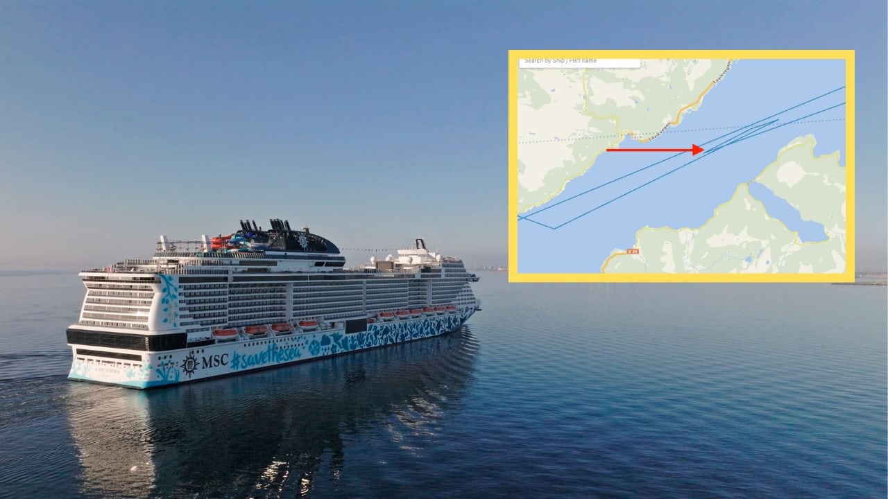 A large cruise ship sails on calm waters, moving from left to right. An inset map with a red arrow shows its route across a narrow body of water in Norway. Amidst the tranquil journey, however, reports emerge of a passenger going overboard.