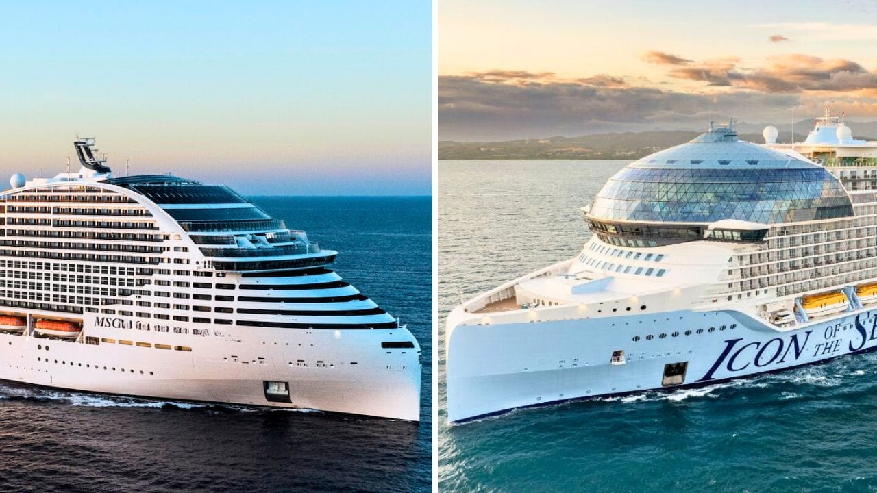 A split image shows two cruise ships at sea, MSC World Europa on the left and Icon of the Seas on the right, against a backdrop of a clear sky and calm waters. The MSC Cruises vessel gleams as it sails, alongside its counterpart crafted by Meyer Turku.