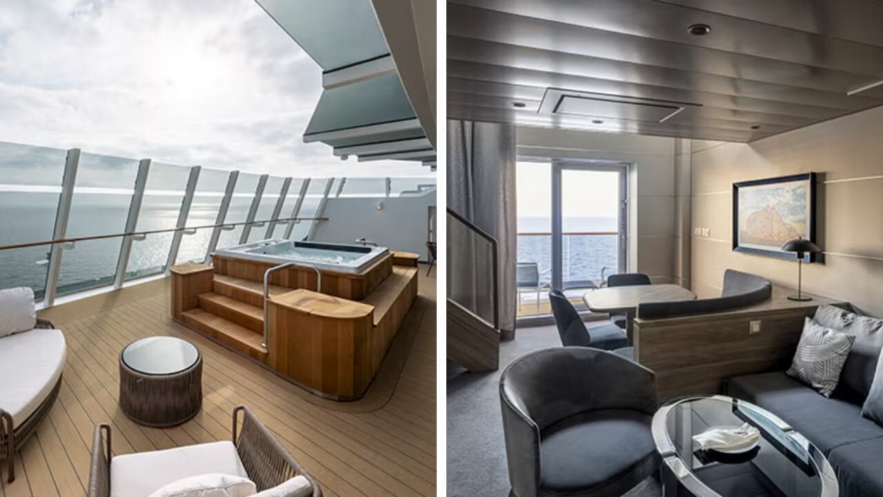 The left image shows a private deck with a hot tub and seating area on an MSC Cruises ship. The right image features a modern living room with seating, a table, and a window overlooking the sea in the Largest Yacht Club’s US flagship.