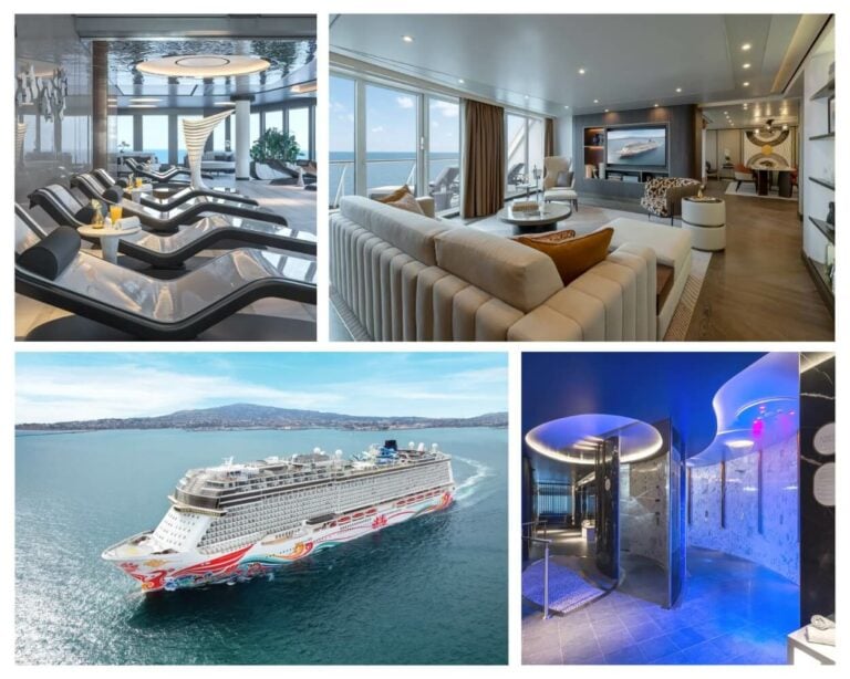 A collage of pictures of the Norwegian Joy cruise ship and its luxurious suites.