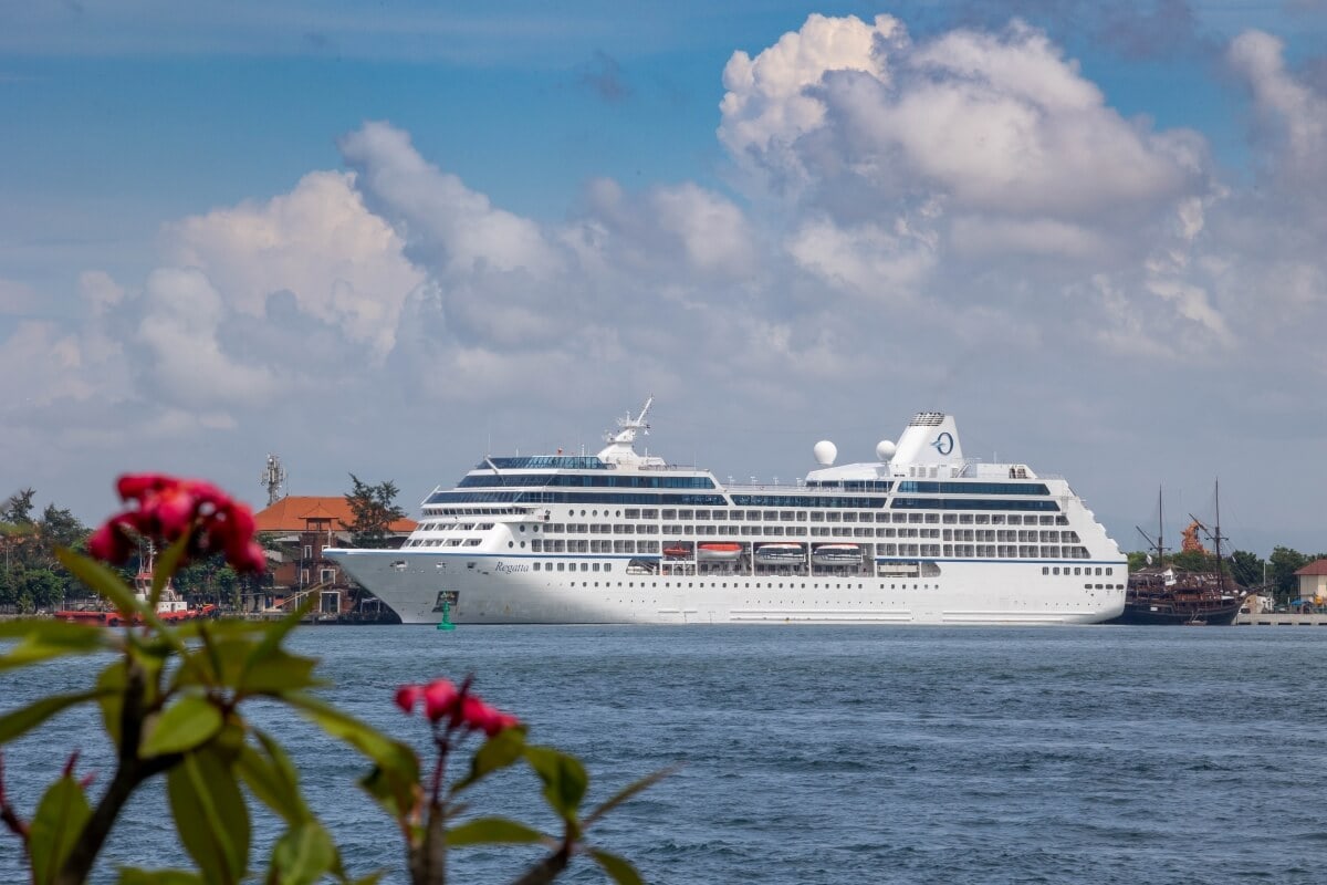 A large Oceania Cruises ship on the water near the coast with fluffy clouds above, and red flowers in the foreground.